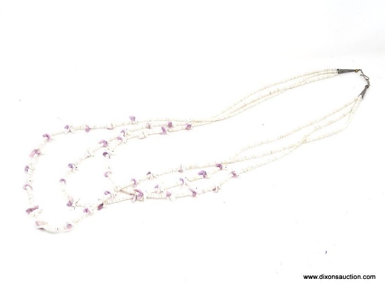 BIRD MULTI-STRAND FETISH NECKLACE; WHITE PUKA SHELL WITH WHITE AND PURPLE BIRDS. HOOK CLOSURE. 31 IN