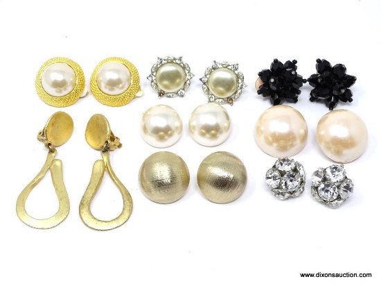 LOT OF COSTUME EARRINGS; 7 PAIR OF ASSORTED CLIP-ON COSTUME EARRINGS. FAUX PEARL, LARGE RHINESTONES,