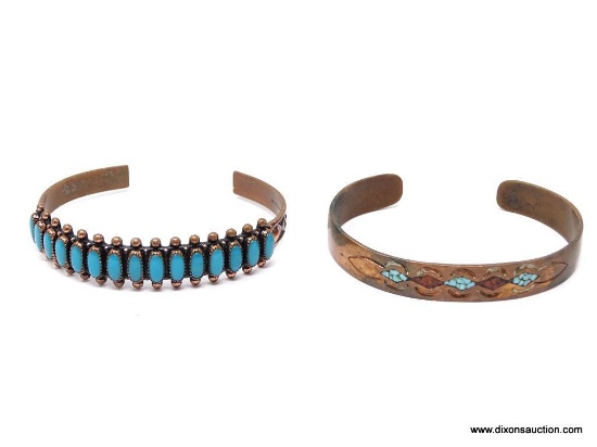 COPPER AND TURQUOISE BRACELETS; 2 PIECE LOT. INCLUDES A COPPER CUFF WITH INLAID TURQUOISE AND A