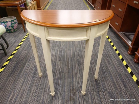 (R1) HALF-MOON SHAPED HALL TABLE WITH WOOD GRAIN TOP AND CREAM SPECKLED BASE; OFF WHITE IN COLOR
