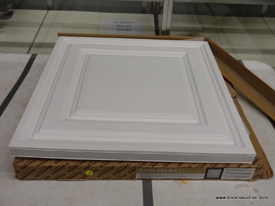 (R2) LAY-IN CEILING PANEL; GENESIS PVC CEILING TILE, ICON RELIEF IN WHITE. MEASURES 2 FT X 2 FT.