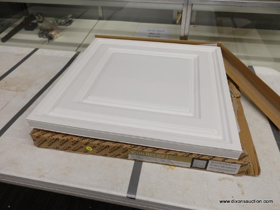(R2) LAY-IN CEILING PANEL; GENESIS PVC CEILING TILE, ICON RELIEF IN WHITE. MEASURES 2 FT X 2 FT.