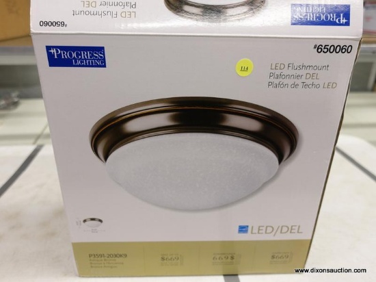 (R1) PROGRESS LIGHTING FLUSH MOUNT LIGHT; LED, ANTIQUE BRONZE FINISHED FLUSHMOUNT LIGHT WITH WHITE