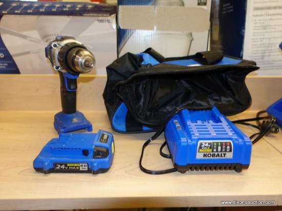 (R1) KOBALT BRUSHLESS DRILL/DRIVER; KOBALT 24V, .5 IN BRUSHLESS DRILL WITH A 24V LITHIUM ION