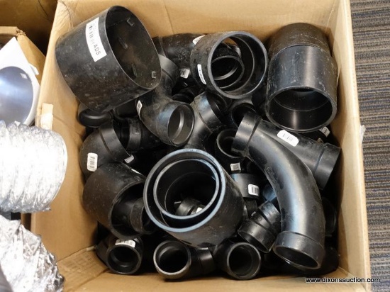 (R2) LOT OF PIPE FITTINGS; BOX FULL OF NIBCO ABS PIPE FITTINGS OF ASSORTED SHAPES AND DEGREES.