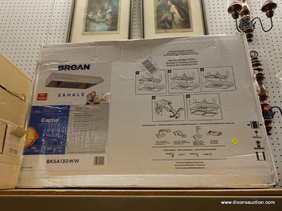 (WALL) RANGE HOOD; BROAN UNDER CABINET 30 IN RANGE HOOD, WHITE IN COLOR. MODEL NO. BKSA130WW. COMES