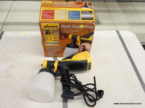 (R1) OPTI-STAIN PLUS SPRAYER; WAGNER, HAND-HELD SPRAYER FOR STAINING PROJECTS. COMES IN OPENED BOX.