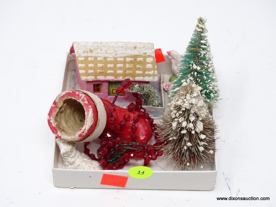 (SHOW) KNICK KNACKS; LOT OF 8 KNICK KNACKS TO INCLUDE 2 TREES, 2 CHICKENS, SANTA'S BOOT, A SHEEP,