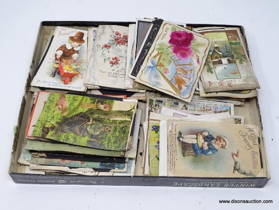 (SHOW) BOX LOT OF POSTCARDS; INCLUDES VINTAGE POSTCARDS FOR BIRTHDAYS AND HOLIDAYS.