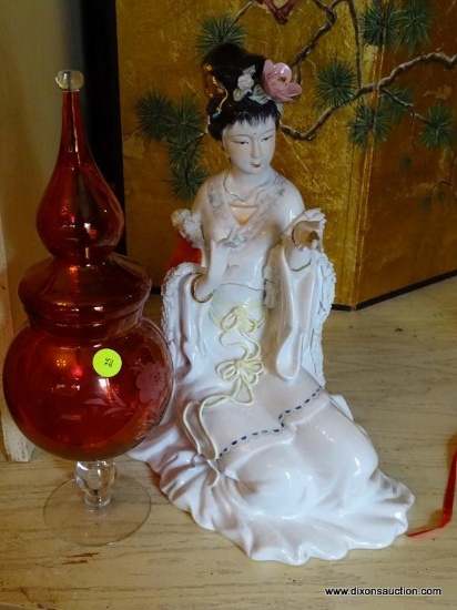 (LR)2 PC LOT; CRANBERRY ETCHED LIDDED CANDY DISH- 14 IN H AND LARGE PORCELAIN ORIENTAL FIGURINE OF A