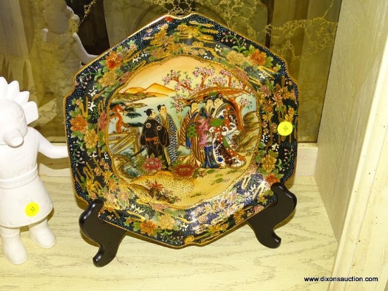 (LR) ORIENTAL PLATE; ORIENTAL PORCELAIN PLATE WITH STAND- 12 IN X 12 IN