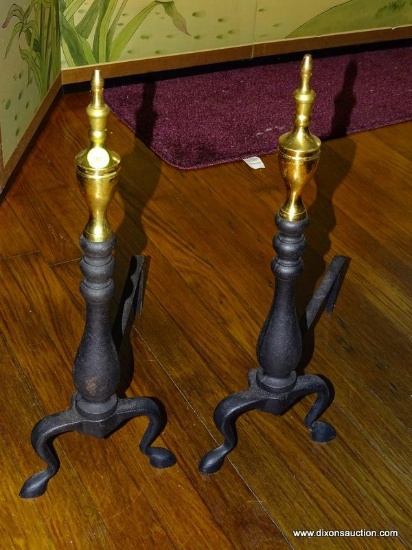 (LR) PR ANDIRONS; PR OF IRON AND BRASS ANDIRONS- 18 IN H