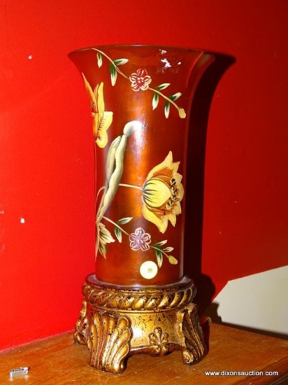 (LR) LAMP; FLORAL PAINTED COMPOSITION LAMP WITH GOLD PAINTED BASE- 13 IN H