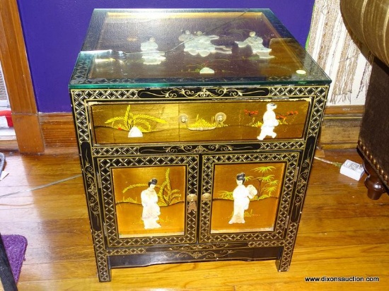 (LR) ORIENTAL CABINET; ONE OF A PR. OF PAINTED BLACK LACQUER ORIENTAL CABINETS WITH HARDSTONE