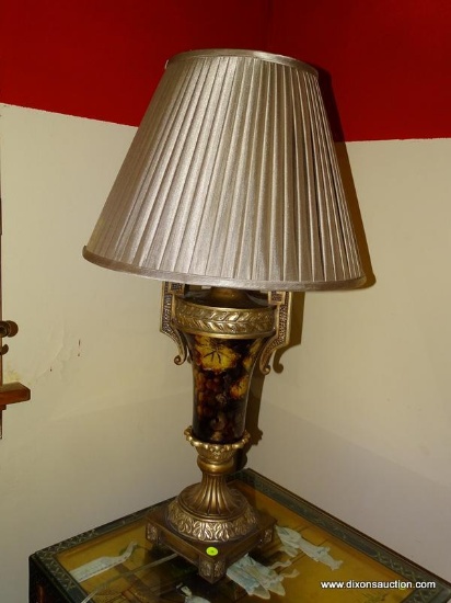 (LR) PR. OF LAMPS; PR. OF COMPOSITION LAMPS WITH SILK SHADES- 34 IN H