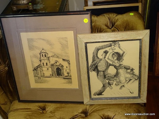(LR) 2 PICTURES; 2 FRAMED PRINTS- FRAMED AND MATTED PRINT OF A SPANISH MISSION, PENCIL SIGNED