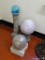 (GARAGE) GAZING BALLS AND STANDS; 3 YARD GLASS GAZING BALLS ON COMPOSITION STANDS- 27 IN H, 20 IN H