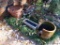 (BACKYD) PLANTERS; COMPOSITION GRAPE PATTERNED PLANTER- 16 IN H, DAMAGED TERRACOTTA PLANTER- 16 IN H