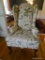 (LR) WINGBACK CHAIR: ONE OF A PR. OF CHERRY QUEEN ANNE WING CHAIRS WITH CREWEL UPHOLSTERY-