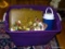 (LR) TUB LOT; LOT INCLUDES VINTAGE LEATHER BRIEFCASE, BRASS ELECTRIC WINDOW CANDLES, MILK GLASS LAMP