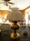 (FRM) LAMP; BRASS OIL LAMP CONVERTED TO ELECTRIC WITH MILK GLASS SHADE AND CHIMNEY- 21 IN H