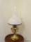 (LITTLERM) LAMP, BRASS ALADDIN OIL LAMP CONVERTED TO ELECTRIC WITH MILK GLASS SHADE AND GLASS