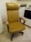 (LAUNDRY) OFFICE CHAIR; CHERRY, FAUX LEATHER AND BRASS STUDDED OFFICE CHAIR- 27 IN X 21 IN X 46 IN