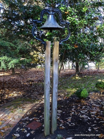 (BACKYD) FARM BELL; CAST IRON FARM BELL- 24 IN X 29 IN (NEED TO BRING TOOLS TO REMOVE FROM POSTS)