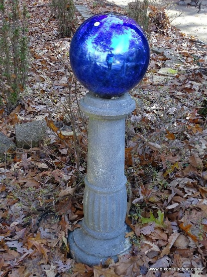 (SIDEYD) PEDESTAL AND BALL; CONCRETE PEDESTAL WITH ATTACHED MIRRORED YARD GAZING BALL- 43 IN H