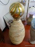 (GARAGE) BALL AND STAND; LARGE TERRACOTTA VASE OR STAND WITH MULTI COLOR SWIRL PATTERNED YARD GAZING