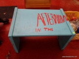 (GARAGE) BENCH; PAINTED WOODEN THIS END UP BENCH- 29 IN X 21 IN X 19 IN