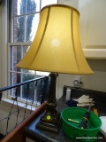 (GARAGE) LAMP; COMPOSITION BRONZE TONED LAMP WITH SILK SHADE- 26 IN H