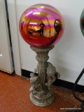 (GARAGE) BALL AND PEDESTAL- MULTI COLORED GLASS GARDEN GAZING BALL ON COMPOSITION CHERUB PEDESTAL-