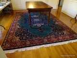 (DR) HANDMADE PERSIAN RUG; HANDMADE PERSIAN RUG IN GREEN, BLUE, RED AND IVORY- EXCELLENT CONDITION-