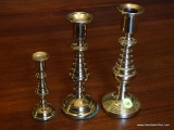 (DR) CANDLEHOLDERS; 3 SIMILAR GRADUATED BRASS BEEHIVE CANDLEHOLDERS- BALDWIN- 8 IN H, HARVIN- 7.5 IN