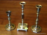 (DR) CANDLEHOLDERS; 3 MISMATCHED BRASS CANDLE HOLDERS- 2- CAROLINA BRASS CANDLE HOLDERS- 7.5 IN AND