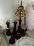 (LR) RUBY RED GLASS LOT; 7 PCS. OF AVON RUBY RED COLLECTIBLE GLASS- 3 CANDLE HOLDERS- 9 IN H, PR. OF
