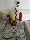 (LR) MISC.. LOT OF CANDLEHOLDERS; LOT INCLUDES-METAL SPIRAL CANDLEHOLDER, 2 GLASS CANDLEHOLDERS,