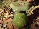 (BACKYD) PEDESTAL; GLAZED POTTERY MUSHROOM SHAPED PEDESTAL OR PLANT STAND- SOME GLAZING MISSING TOP-