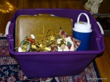 (LR) TUB LOT; LOT INCLUDES VINTAGE LEATHER BRIEFCASE, BRASS ELECTRIC WINDOW CANDLES, MILK GLASS LAMP