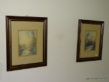 (LR) FRAMED PRINTS; PR. OF VINTAGE FRAMED AND DOUBLE MATTED LANDSCAPE PRINTS IN CHERRY AND GOLD