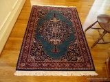 (HALL) HANDMADE RUG; PERSIAN HANDMADE RUG IN GREEN, BLUE, RED AND IVORY- 49 IN X 75 IN