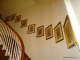 (STAIRWAY) FRAMED PRINTS; 9 FRAMED AND MATTED WILLIAMSBURG FLORAL PRINTS IN GOLD FRAMES- 18.5 IN X