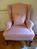 (MASTERBD) WING CHAIR: CHERRY QUEEN ANNE WING CHAIR WITH STRETCHER BASE IN MAUVE STRIPED UPHOLSTERY-