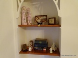 (MASTERBD) SHELF LOT; LOT INCLUDES- PR. OF ANTIQUE FIGURINES- 12 IN H, ART POTTERY ASHTRAY, ELECTRIC