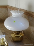 (MBATH) BRASS LAMP; BRASS OIL LAMP WITH MILK GLASS SHADE AND GLASS CHIMNEY- 20 IN H