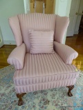 (MBATH) WING CHAIR; CHERRY BALL AND CLAW FOOT WING BACK CHAIR , CARVED KNEES IN MAUVE STRIPED