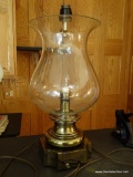 (FRM) LAMP; BRASS LAMP WITH LARGE GLASS CHIMNEY- 17.5 IN H