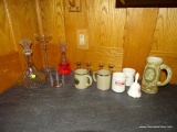 (FRM) LEFT COUNTER CONTENTS; CONTENTS INCLUDE 2 DECANTERS, 4 SMALL 4 IN CARAFES, STROHS BEER MUG AND