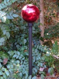 (BACKYD) GAZING BALL; RED MIRRORED YARD GAZING BALL ON PLASTIC POST- 60 IN H